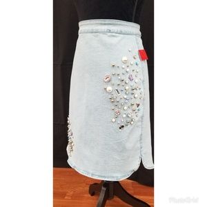 NWT V CRISTINA Faux Pearl & Rhinestone Denim Skirt